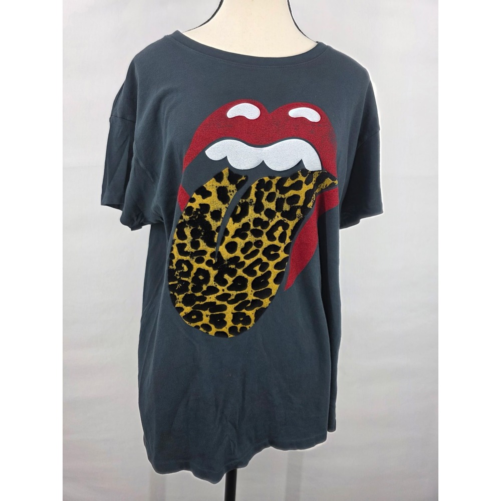 Daydreamer Rolling Stones Leopard Tongue Graphic Tee Charcoal Gray Medium NWT